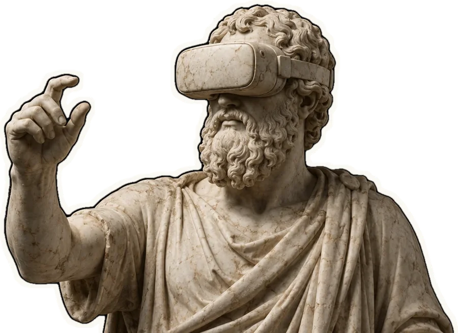 Marble Greek philosopher wearing a VR headset