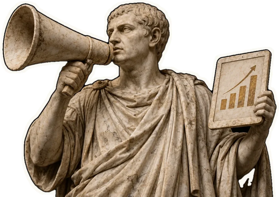 Marble Roman senator with a megaphone and a tablet showing a rising chart