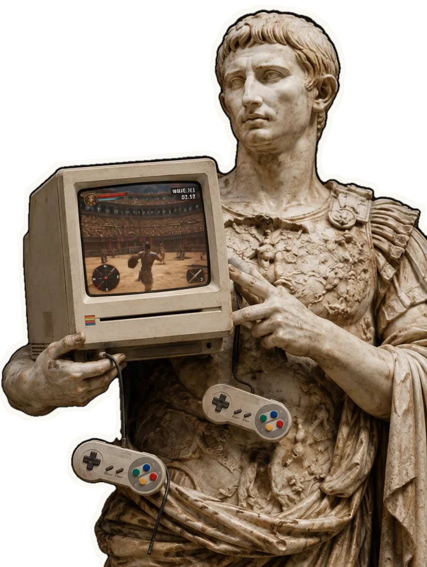 Marble Roman statue holding a retro computer and game controllers